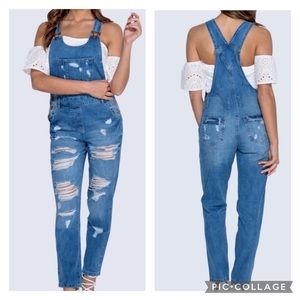 Denim Distressed Overalls with Front Pockets and Relaxed Leg New with Tags